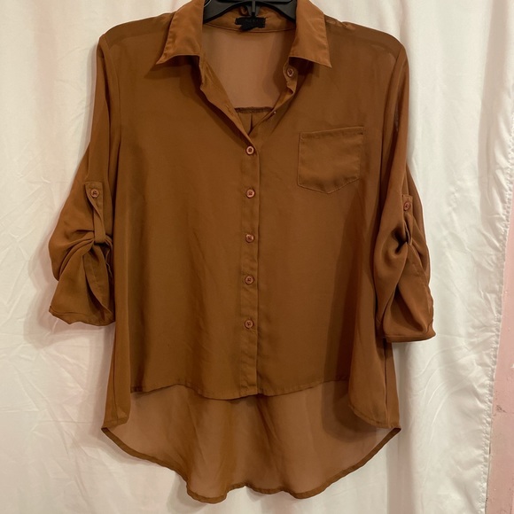 SOLD // Brown Sheer Button Down High Low Blouse - Picture 4 of 6